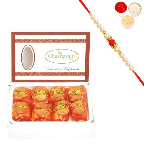 Ghasitaram Gifts Rakhi Gifts for Brothers Rakhi Sweets - Karachi Halwa (200 GMS)with Beads Rakhi von Ghasitaram Gifts