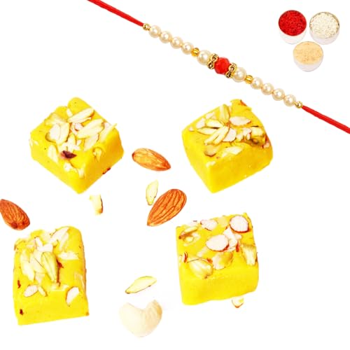 Ghasitaram Gifts Rakhi Gifts for Brothers Rakhi Sweets - Kesar mawa barfi 200 GMS with Beads Rakhi von Ghasitaram Gifts