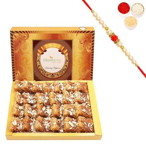 Ghasitaram Gifts Rakhi Gifts for Brothers Rakhi Sweets - Milk Cake 800 GMS with Beads Rakhi von Ghasitaram Gifts