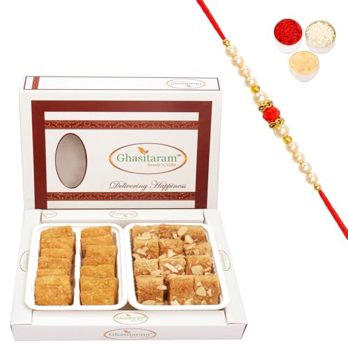 Ghasitaram Gifts Rakhi Gifts for Brothers Rakhi Sweets - Milk Cake and Methi Mathri Hamper with Beads Rakhi von Ghasitaram Gifts