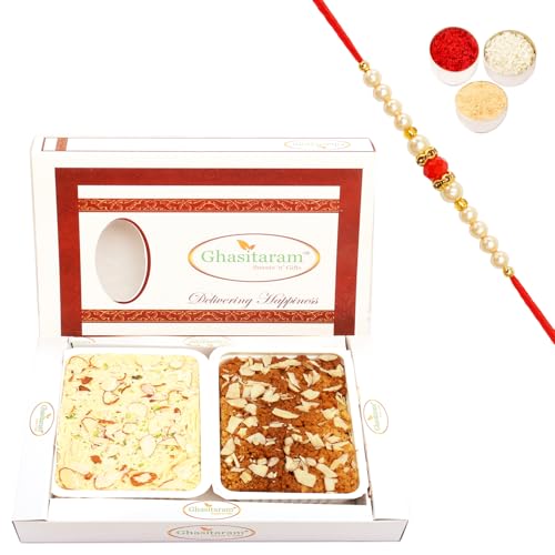 Ghasitaram Gifts Rakhi Gifts for Brothers Rakhi Sweets - Milk Cake and Soan Papdi Hamper with Beads Rakhi von Ghasitaram Gifts