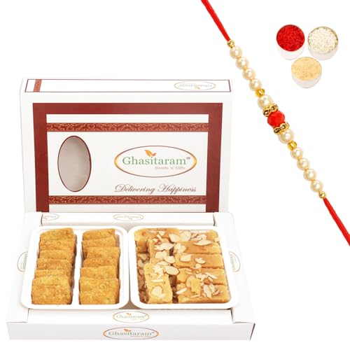 Ghasitaram Gifts Rakhi Gifts for Brothers Rakhi Sweets - Mysore Pak and Methi Mathri Hamper with Beads Rakhi von Ghasitaram Gifts