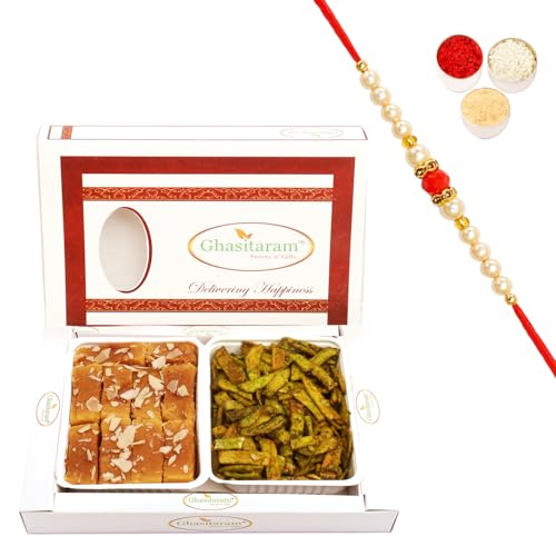 Ghasitaram Gifts Rakhi Gifts for Brothers Rakhi Sweets - Mysore Pak and Palak Potato Chips Hamper with Beads Rakhi von Ghasitaram Gifts