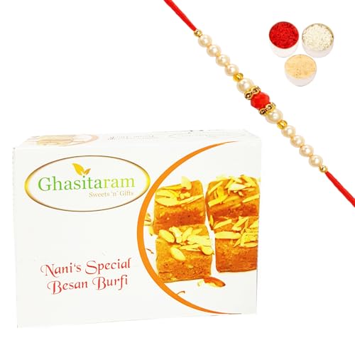 Ghasitaram Gifts Rakhi Gifts for Brothers Rakhi Sweets - Nani's Special Besan Barfi 200 GMS with Beads Rakhi von Ghasitaram Gifts