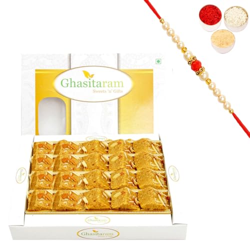 Ghasitaram Gifts Rakhi Gifts for Brothers Rakhi Sweets - Nani's Special Besan Barfi 400 GMS with Beads Rakhi von Ghasitaram Gifts