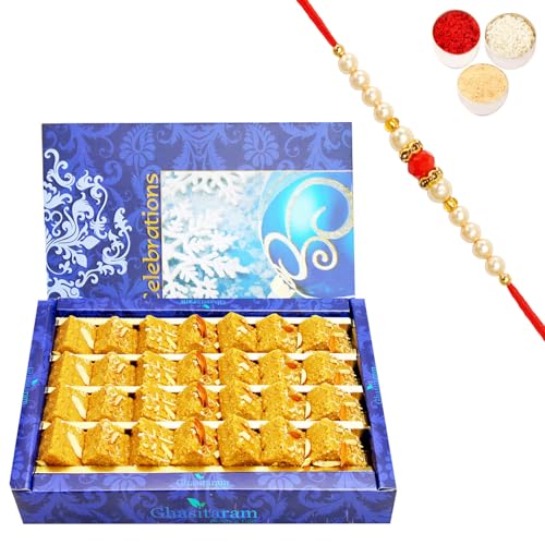 Ghasitaram Gifts Rakhi Gifts for Brothers Rakhi Sweets - Nani's Special Besan Barfi 800 GMS with Beads Rakhi von Ghasitaram Gifts