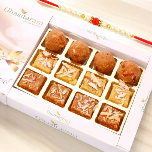 Ghasitaram Gifts Rakhi Gifts for Brothers Rakhi Sweets - North Indian Mix in White Box with Beads Rakhi von Ghasitaram Gifts