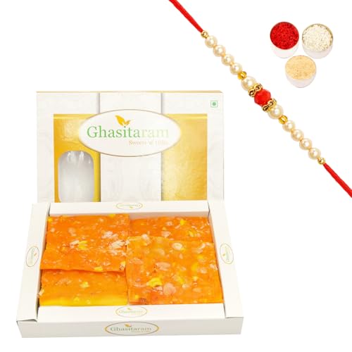 Ghasitaram Gifts Rakhi Gifts for Brothers Rakhi Sweets - Orange Ice Halwa (400 GMS) with Beads Rakhi von Ghasitaram Gifts