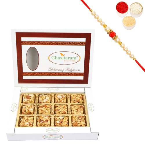 Ghasitaram Gifts Rakhi Gifts for Brothers Rakhi Sweets - Pine Nut Barfi 12 pcs with Beads Rakhi von Ghasitaram Gifts