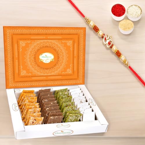 Ghasitaram Gifts Rakhi Gifts for Brothers Rakhi Sweets - Pure Assorted Kaju Katlis 400 GMS with Beads Rakhi von Ghasitaram Gifts