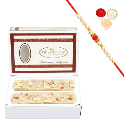 Ghasitaram Gifts Rakhi Gifts for Brothers Rakhi Sweets - Pure Badam Barfi 200 GMS with Beads Rakhi von Ghasitaram Gifts