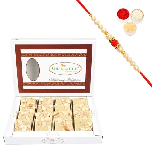 Ghasitaram Gifts Rakhi Gifts for Brothers Rakhi Sweets - Pure Badam Barfi 400 GMS with Beads Rakhi von Ghasitaram Gifts