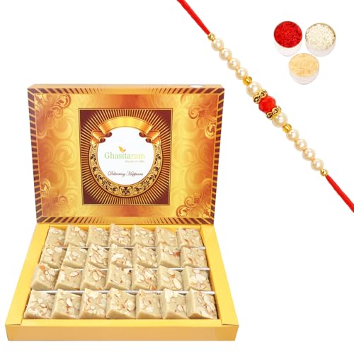 Ghasitaram Gifts Rakhi Gifts for Brothers Rakhi Sweets - Pure Badam Barfi 800 GMS with Beads Rakhi von Ghasitaram Gifts