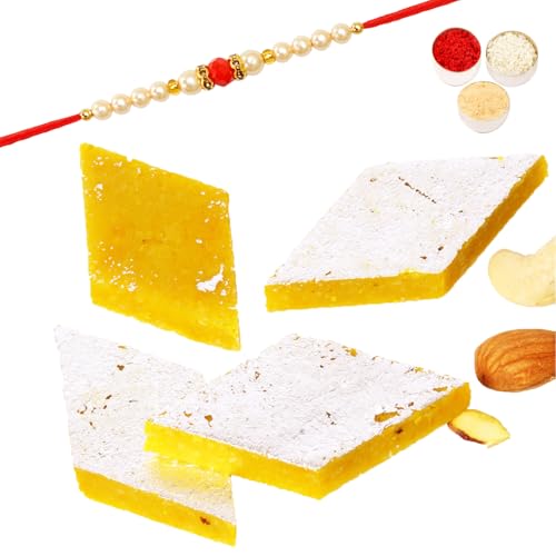 Ghasitaram Gifts Rakhi Gifts for Brothers Rakhi Sweets - Pure KESARI KAJU KATLI (200 GMS) with Beads Rakhi von Ghasitaram Gifts