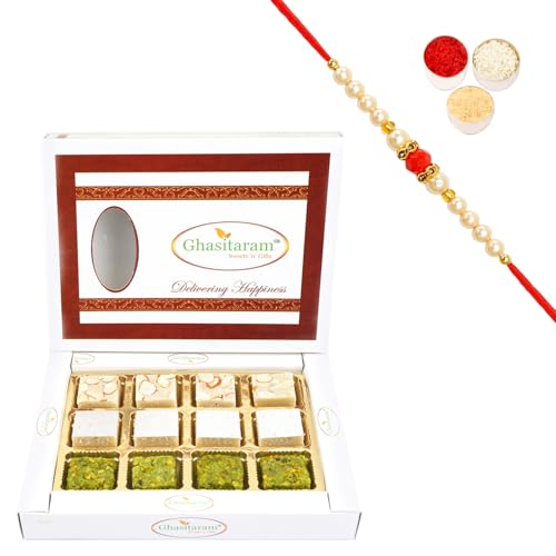 Ghasitaram Gifts Rakhi Gifts for Brothers Rakhi Sweets - Pure Kaju Badam Pista Barfi 12 pcs with Beads Rakhi von Ghasitaram Gifts