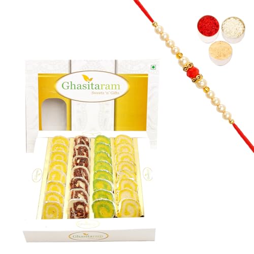 Ghasitaram Gifts Rakhi Gifts for Brothers Rakhi Sweets - Pure Kaju Pista Moons (400 GMS) with Beads Rakhi von Ghasitaram Gifts