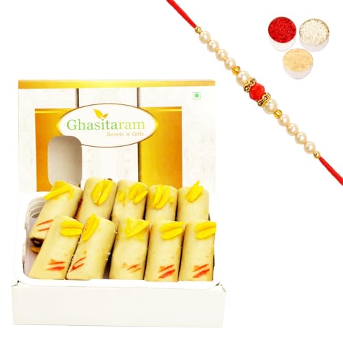 Ghasitaram Gifts Rakhi Gifts for Brothers Rakhi Sweets - Pure Kaju Roll (200 GMS) with Beads Rakhi von Ghasitaram Gifts