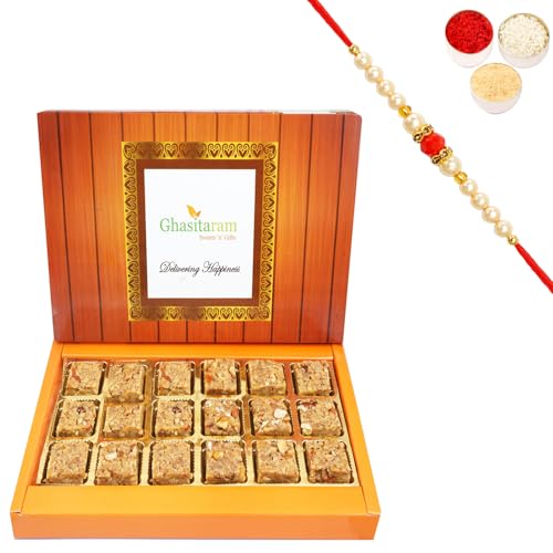 Ghasitaram Gifts Rakhi Gifts for Brothers Rakhi Sweets - Pure Walnut Barfi 18 pcs with Beads Rakhi von Ghasitaram Gifts