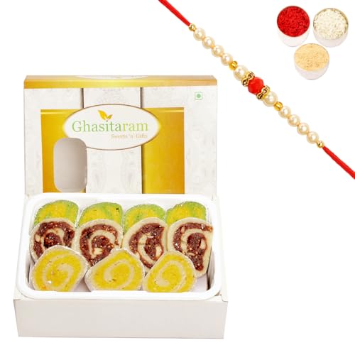 Ghasitaram Gifts Rakhi Gifts for Brothers Rakhi Sweets - Rakhi Gifts Sweets-Ghasitarams Assorted Moons Box 200 GMS with Pearl Beads Rakhi von Ghasitaram Gifts