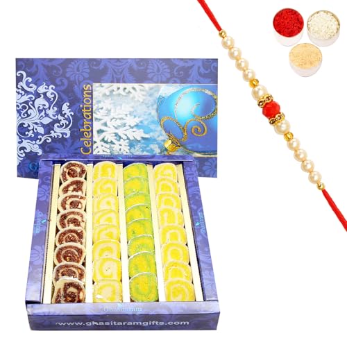 Ghasitaram Gifts Rakhi Gifts for Brothers Rakhi Sweets - Rakhi Gifts Sweets-Ghasitarams Assorted Moons Box 800 GMS with Pearl Beads Rakhi von Ghasitaram Gifts