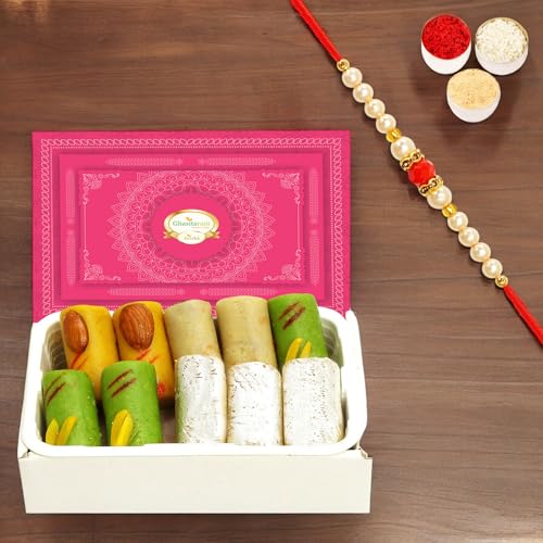 Ghasitaram Gifts Rakhi Gifts for Brothers Rakhi Sweets - Rakhi Gifts Sweets-Ghasitarams Assorted Rolls Box 200 GMS with Beads Rakhi von Ghasitaram Gifts