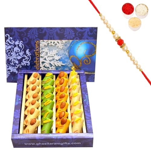 Ghasitaram Gifts Rakhi Gifts for Brothers Rakhi Sweets - Rakhi Gifts Sweets-Ghasitarams Assorted Rolls Box 800 GMS with Beads Rakhi von Ghasitaram Gifts