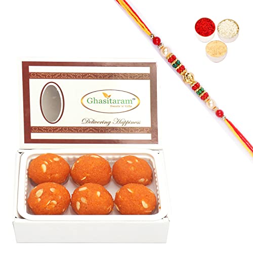 Ghasitaram Gifts Rakhi Gifts for Brothers Rakhi Sweets - Rakhi Gifts Sweets-Motichoor Laddoo Box (200 GMS) with Pearl Beads Rakhi von Ghasitaram Gifts