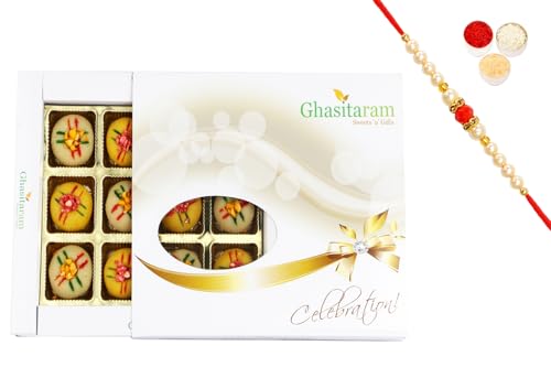 Ghasitaram Gifts Rakhi Gifts for Brothers Rakhi Sweets - Rakhi Gifts for Brother-Ghasitarams Sweets Assorted Mawa Peda 12 pcs White Box-200gms with Beads Rakhi von Ghasitaram Gifts