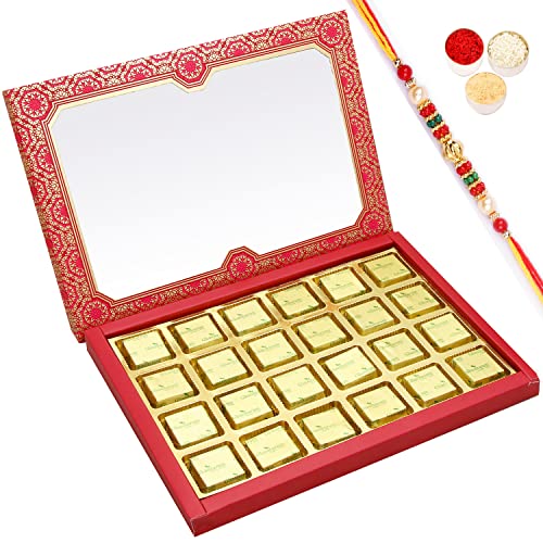 Ghasitaram Gifts Rakhi Gifts for Brothers Rakhi Sweets - Rakhi MEWA Bites - 24 pcs Pink Printed Assorted MEWA BitesBox with Beads Rakhi von Ghasitaram Gifts