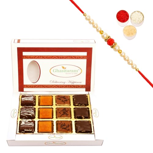 Ghasitaram Gifts Rakhi Gifts for Brothers Rakhi Sweets - Rakhi Special Ghasitaram Sweets Box 12 Pcs with Beads Rakhi von Ghasitaram Gifts