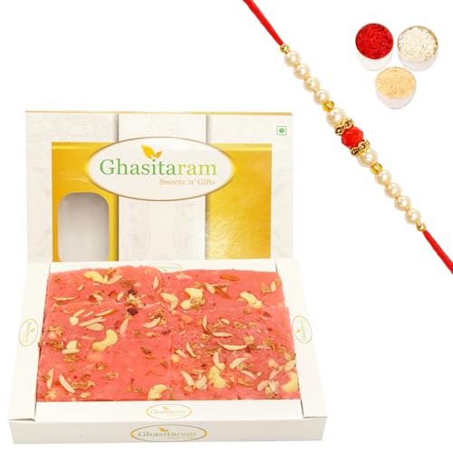 Ghasitaram Gifts Rakhi Gifts for Brothers Rakhi Sweets - Rose Ice Halwa (400 GMS) with Beads Rakhi von Ghasitaram Gifts