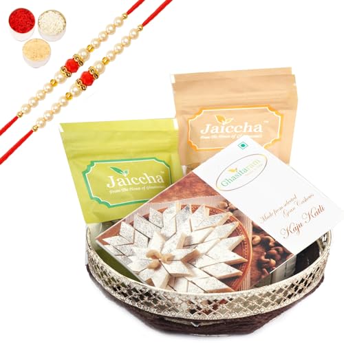 Ghasitaram Gifts Rakhi Gifts for Brothers Rakhi Sweets - Round Basket of Almonds, Raisins and Kaju Katlis. with 2 Beads Rakhis von Ghasitaram Gifts