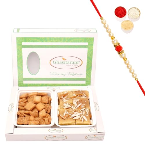 Ghasitaram Gifts Rakhi Gifts for Brothers Rakhi Sweets - Shakar Pada and Soft Mysore Pak Hamper with Beads Rakhi von Ghasitaram Gifts