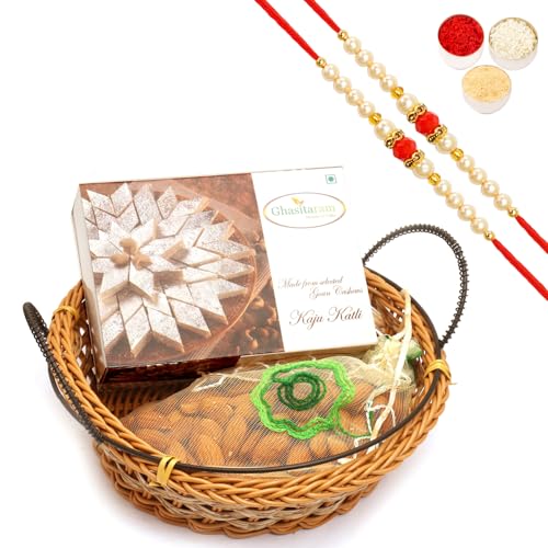 Ghasitaram Gifts Rakhi Gifts for Brothers Rakhi Sweets - Small Cane Basket with Kaju Katli and Almonds Pouch with 2 Beads Rakhis von Ghasitaram Gifts