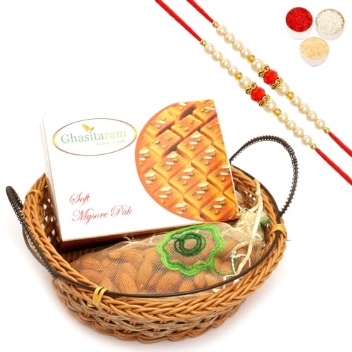 Ghasitaram Gifts Rakhi Gifts for Brothers Rakhi Sweets - Small Cane Basket with Mysore Pak and Almonds Pouch with 2 Beads Rakhis von Ghasitaram Gifts