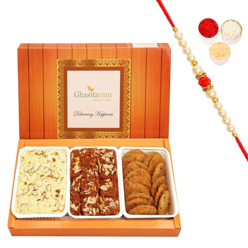 Ghasitaram Gifts Rakhi Gifts for Brothers Rakhi Sweets - Soan Papdi, Dodha Barfi and Methi Mathi with Beads Rakhi von Ghasitaram Gifts