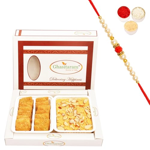 Ghasitaram Gifts Rakhi Gifts for Brothers Rakhi Sweets - Soan Papdi and Methi Mathri Hamper with Beads Rakhi von Ghasitaram Gifts