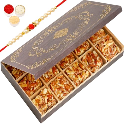 Ghasitaram Gifts Rakhi Gifts for Brothers Rakhi Sweets - Wooden 15 Pcs Roasted Almond Bites Box with Beads Rakhi von Ghasitaram Gifts