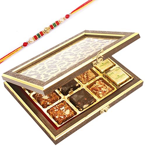 Ghasitaram Gifts Rakhi Gifts for Brothers Rakhi Sweets - Wooden Lazer 12 pcs Assorted Bites Box with Beads Rakhi von Ghasitaram Gifts