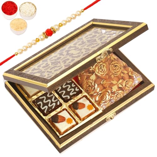 Ghasitaram Gifts Rakhi Gifts for Brothers Rakhi Sweets - Wooden Lazer 6 pcs Assorted Choco Dryfruit Bites and Almonds Pouch with Beads Rakhi von Ghasitaram Gifts