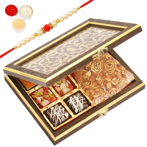 Ghasitaram Gifts Rakhi Gifts for Brothers Rakhi Sweets - Wooden Lazer 6 pcs Ghasitaram Special Bites and Almonds Pouch with Beads Rakhi von Ghasitaram Gifts