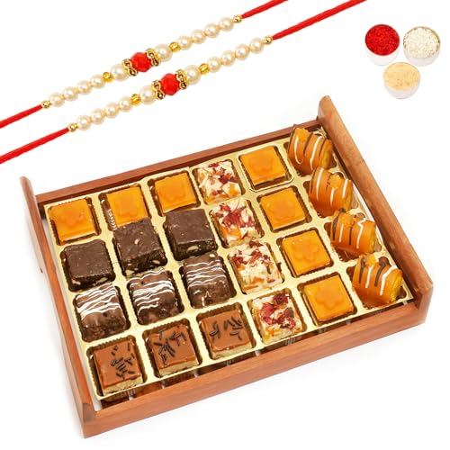 Ghasitaram Gifts Rakhi Gifts for Brothers Rakhi Sweets - Wooden Mango Delight and Rakhi Special Sweets Serving Tray with 2 Beads Rakhi von Ghasitaram Gifts