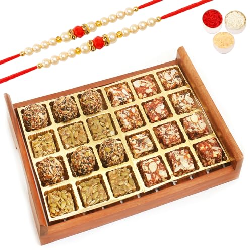 Ghasitaram Gifts Rakhi Gifts for Brothers Rakhi Sweets - Wooden Sugarfree Sweets and Healthy Seeds Bites Serving Tray with 2 Beads Rakhi von Ghasitaram Gifts