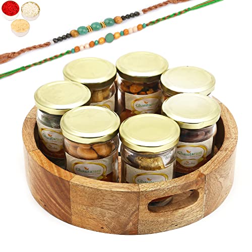 Ghasitaram Gifts Rakhi Gifts for Brothers Round Printed Wooden Tray of 7 Jars with 2 Green Beads Rakhis von Ghasitaram Gifts