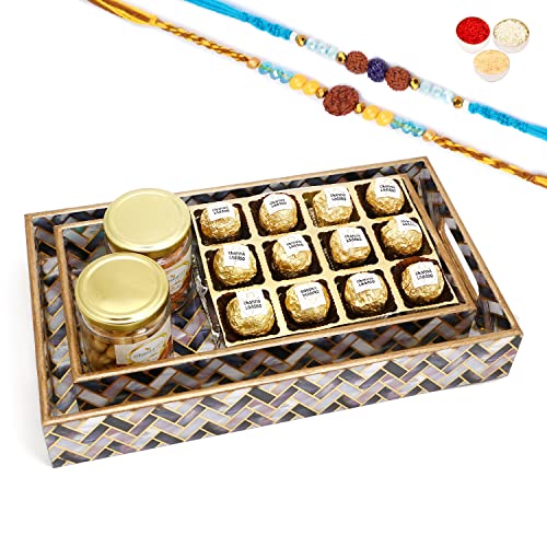 Ghasitaram Gifts Rakhi Gifts for Brothers Set of 2 Printed Blue Trays of Channa Laddoos, Roasted Cashews and Almonds Jars with 2 Blue Rudraksh Rakhis von Ghasitaram Gifts