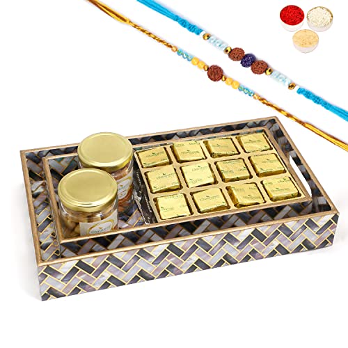 Ghasitaram Gifts Rakhi Gifts for Brothers Set of 2 Printed Blue Trays of MEWA Bites, Roasted Cashews and Almonds Jars with 2 Blue Rudraksh Rakhis von Ghasitaram Gifts