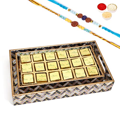 Ghasitaram Gifts Rakhi Gifts for Brothers Set of 2 Printed Blue Trays of MEWA Bites with 2 Blue Rudraksh Rakhis von Ghasitaram Gifts