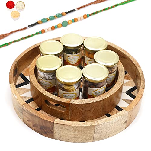 Ghasitaram Gifts Rakhi Gifts for Brothers Set of 2 Round Printed Wooden Trays of 7 Jars with Silver Elaichi with 2 Green Beads Rakhis von Ghasitaram Gifts