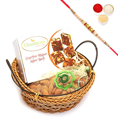 Ghasitaram Gifts Rakhi Gifts for Brothers Small Cane Basket with Sugarfree Mix and Almonds Pouch with Pearl Rakhi von Ghasitaram Gifts