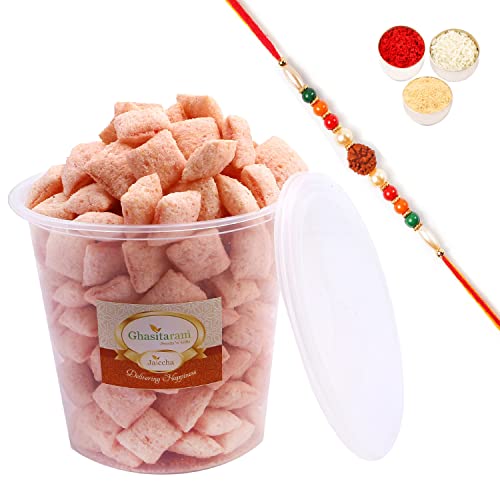 Ghasitaram Gifts Rakhi Gifts for Brothers Strawberry Wafers in Indian Style (Strawberry Shakkarpada) 250 GMS with Rudraksh Rakhi von Ghasitaram Gifts